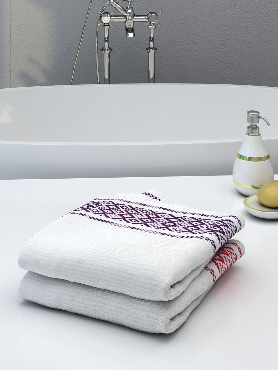 Athom Trendz Set Of 2 Self-Design 210 GSM Pure Cotton Bath Towel Price in India