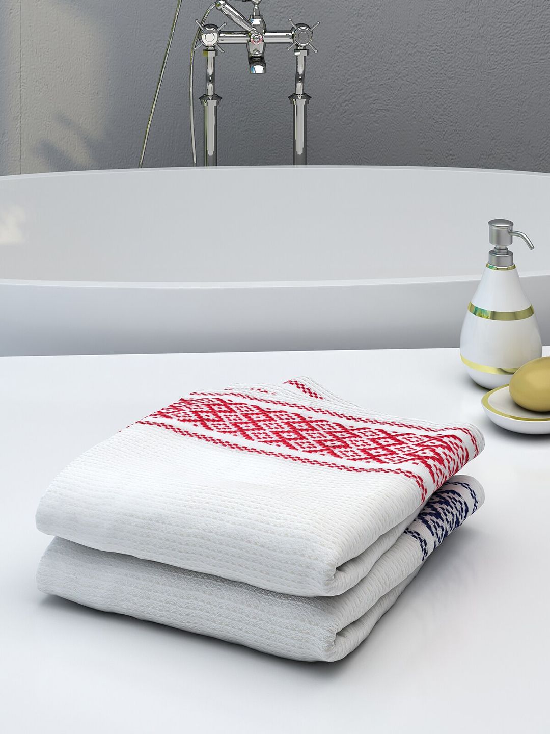 Athom Trendz Pack Of 2 White Striped 210 GSM Cotton Bath Towel Set Price in India