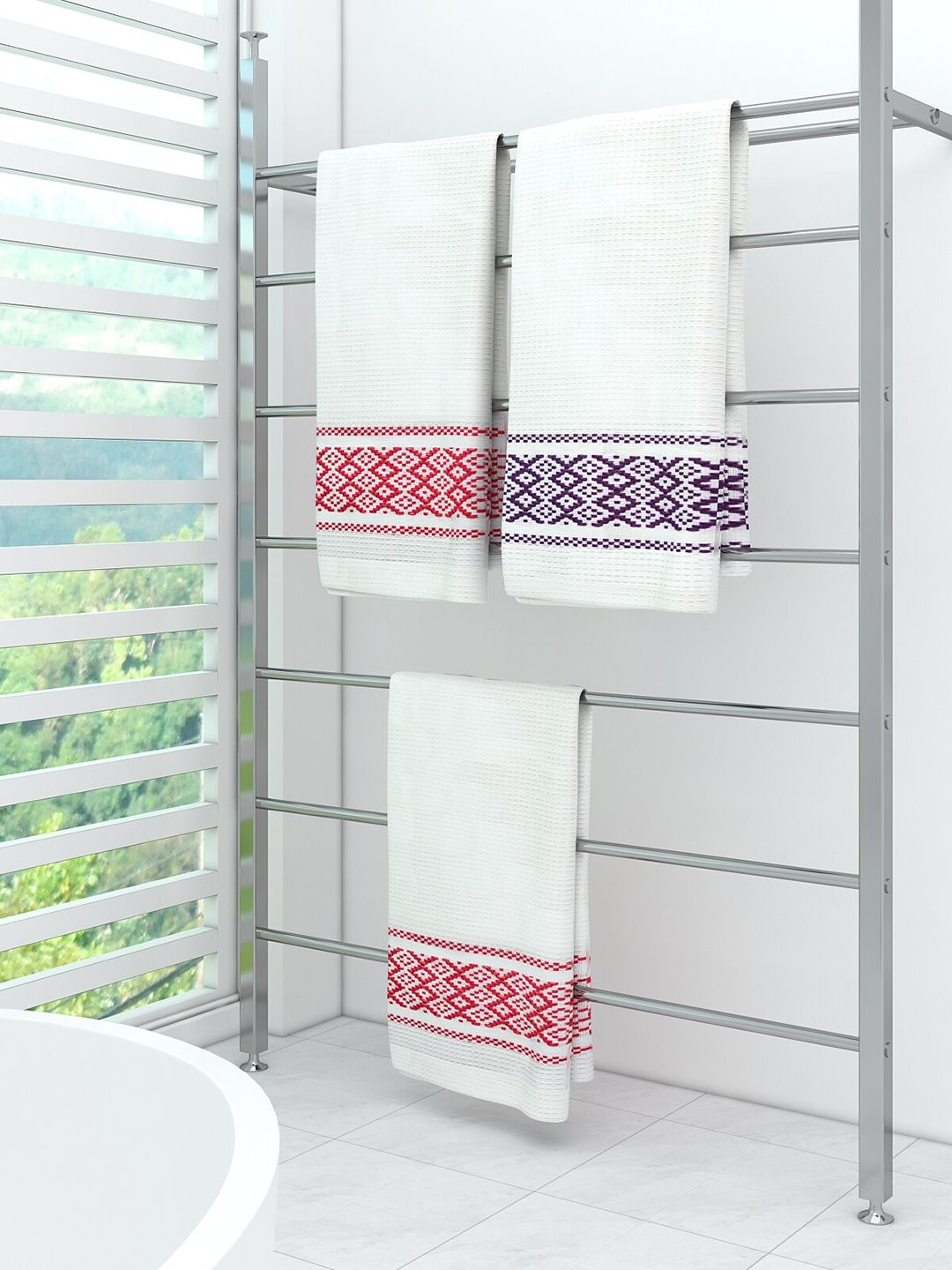 Athom Trendz Pack of 3 White & Red Striped Pure Cotton 210 GSM Bath Towels Price in India
