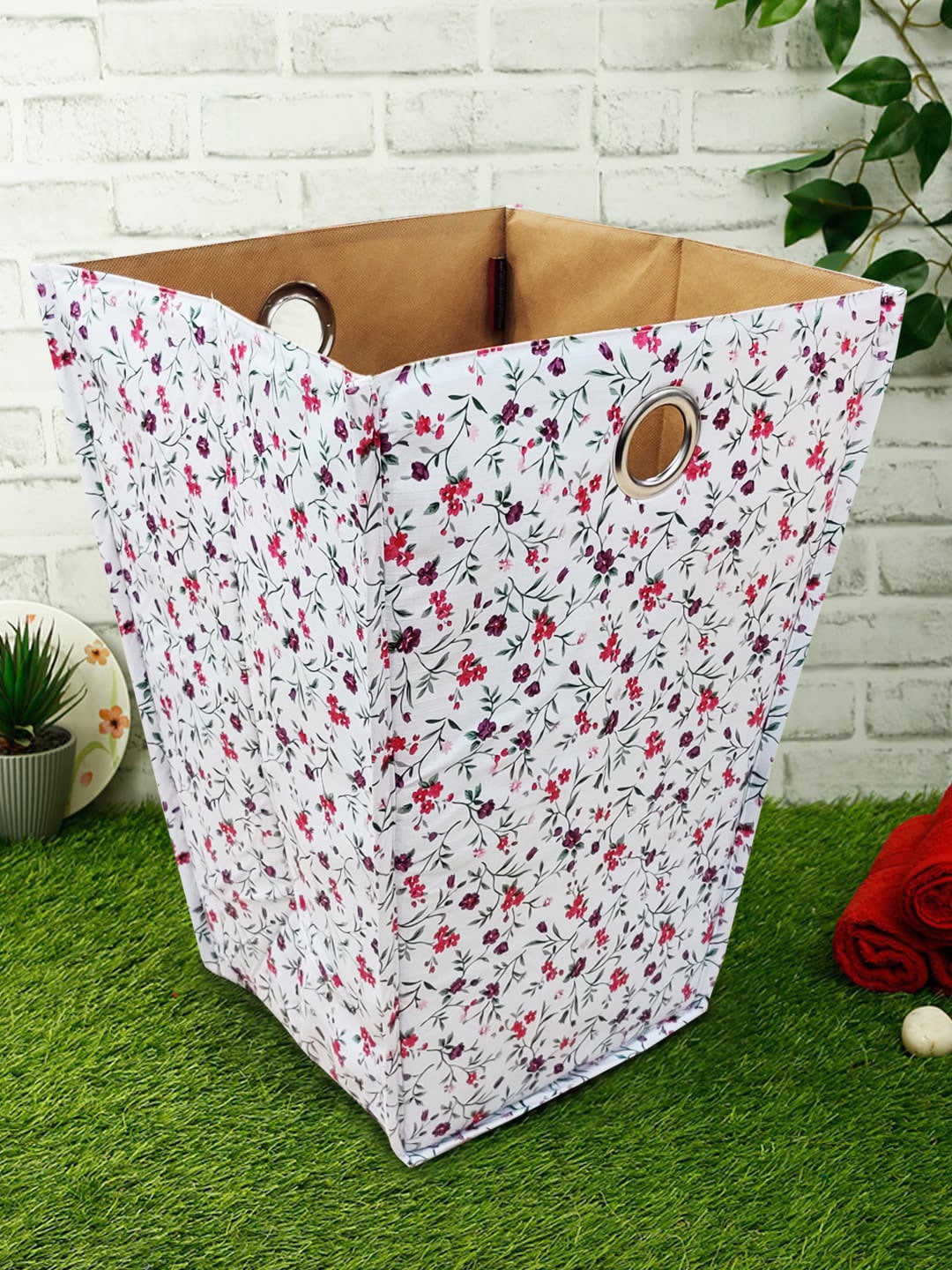 BIANCA White & Pink Floral Printed Foldable Laundry Basket Price in India