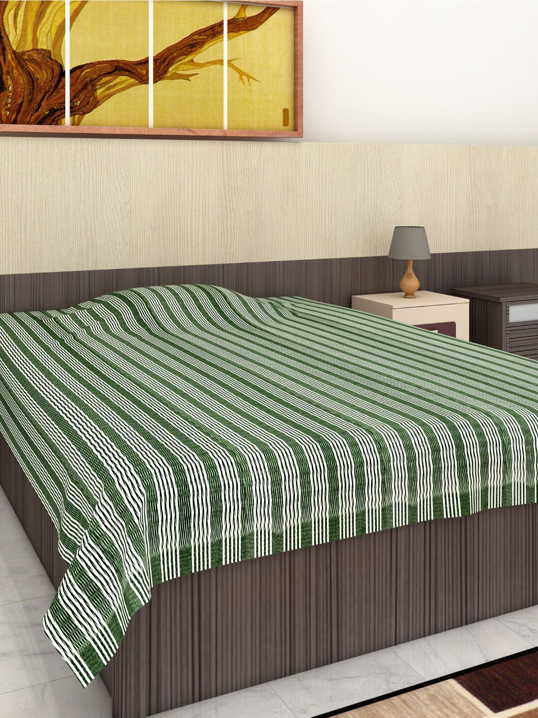 Athom Trendz Green & White Striped Pure Cotton Single Bed Cover Price in India