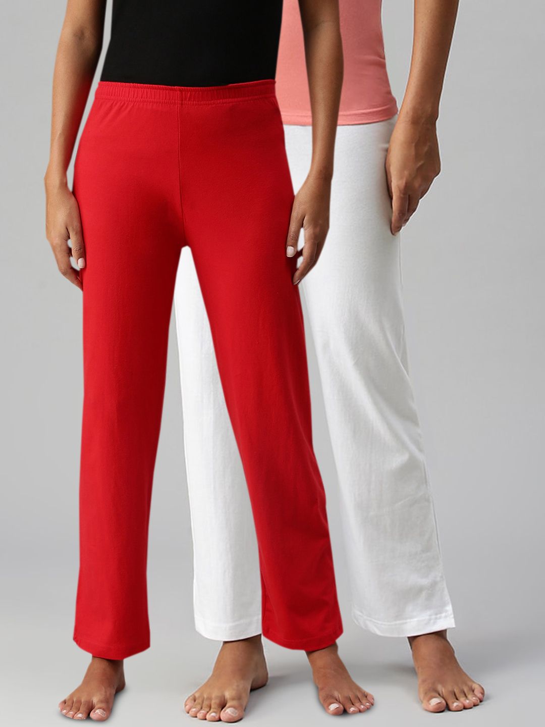 NOT YET by us Women Red & White Pack Of 2 Mid Rise Solid Lounge Pants Price in India