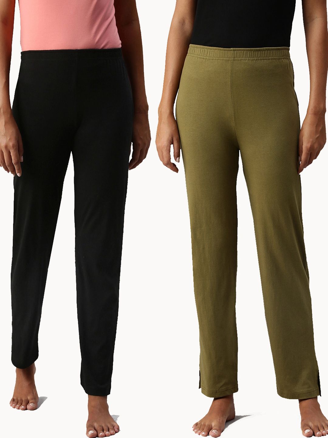 NOT YET by us Women Black & Olive Pack Of 2 Mid Rise Solid Lounge Pant Price in India