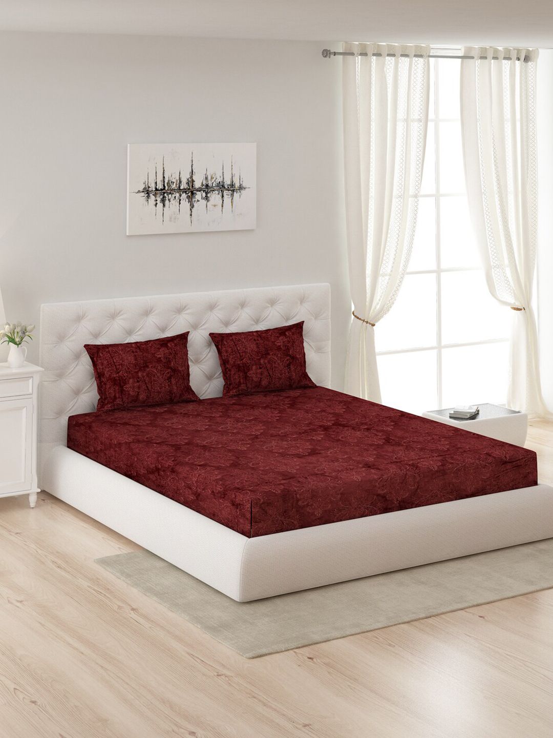 Monte Carlo Maroon Ethnic Motifs 300 GSM Queen Bedsheet with 2 Pillow Covers Price in India
