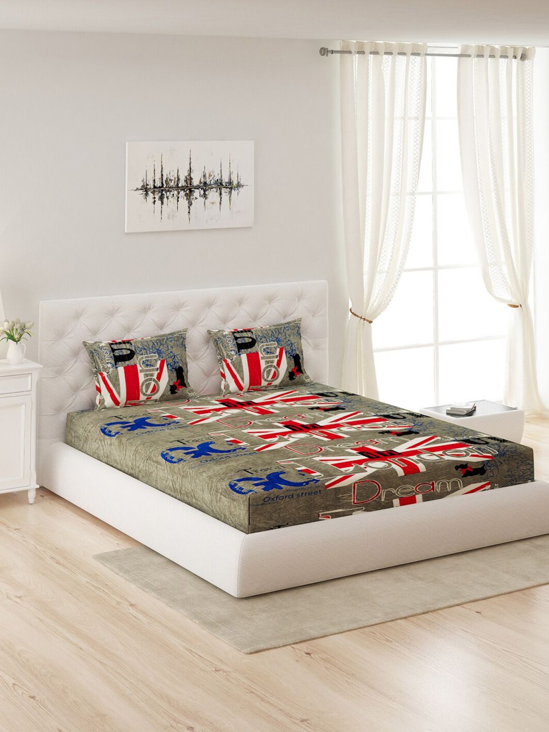 Monte Carlo Grey & Red Geometric Printed 280 GSM Queen Bedsheet with 2 Pillow Cover Price in India