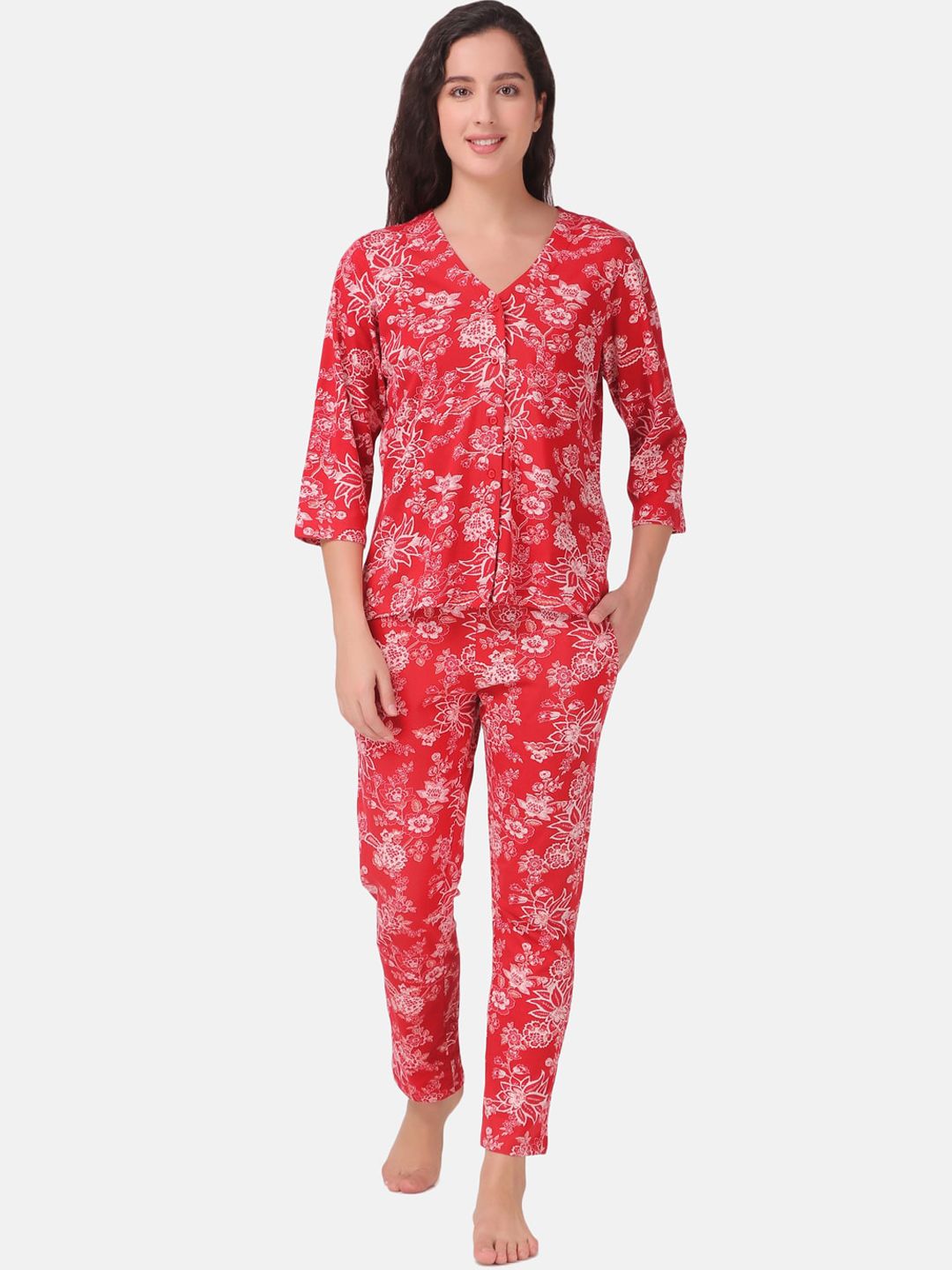 Masha Women Red & White Printed Pure Cotton Night suit Price in India