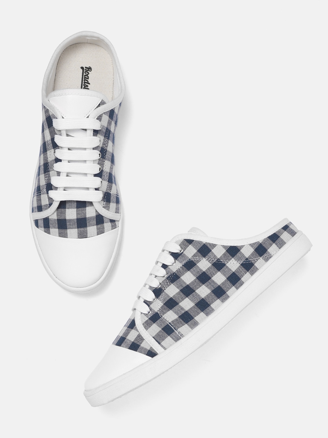 Roadster Women Navy Blue & White Checked Mule Sneakers Price in India