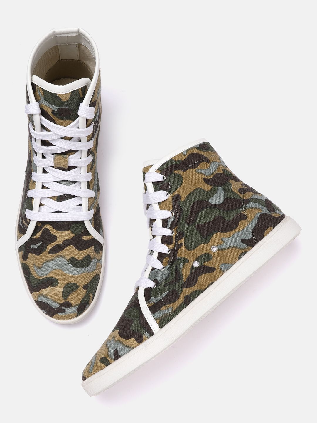 Roadster Women Beige & Olive Green Camouflage Print Mid-Top Sneakers Price in India