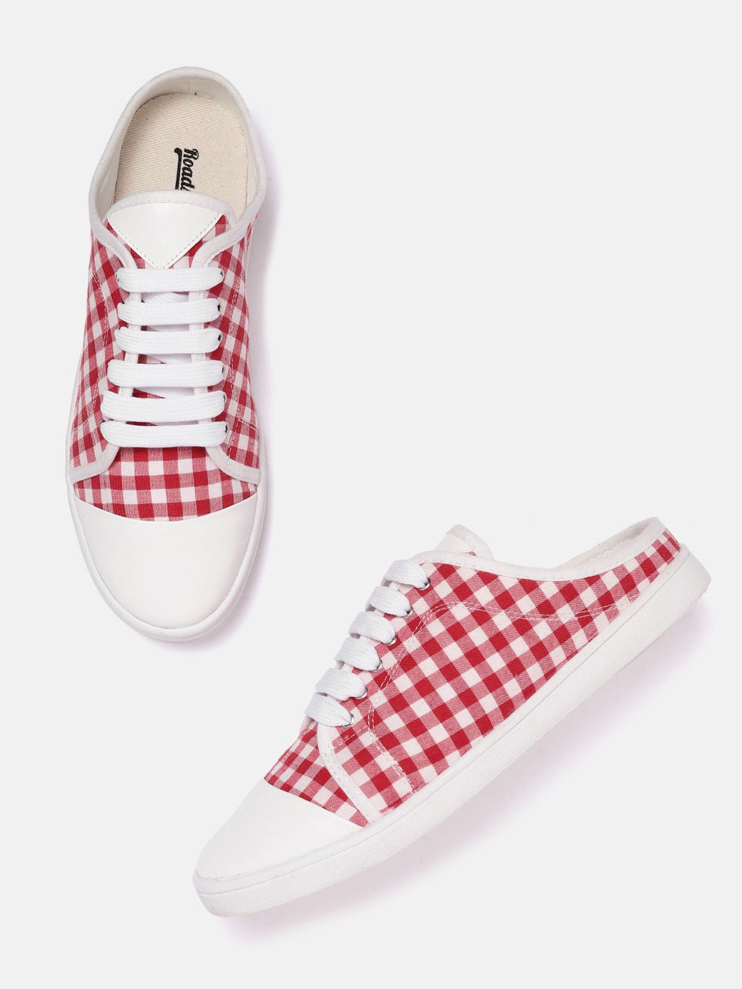 Roadster Women Red & White Checked Mule Sneakers Price in India