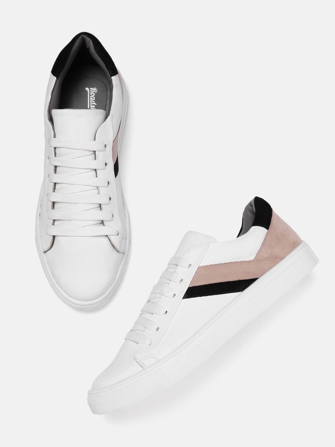 Roadster Women White & Tan Brown Striped Leather Sneakers Price in India
