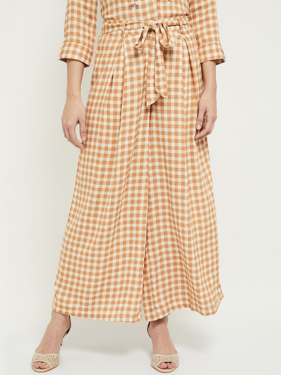 max Women Beige Checked Pleated Flared Trousers Price in India