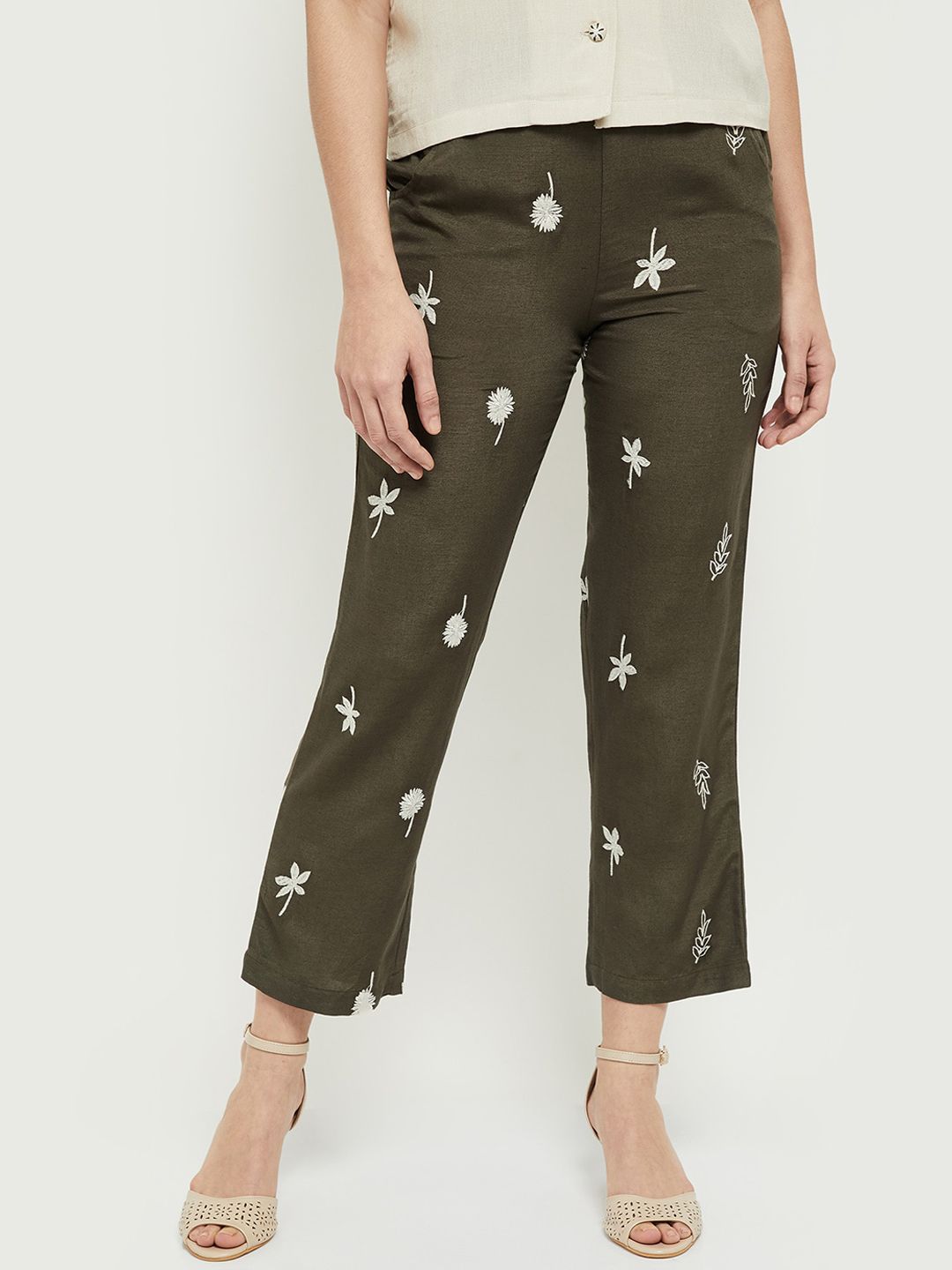 max Women Olive Green Embroidered Trousers Price in India