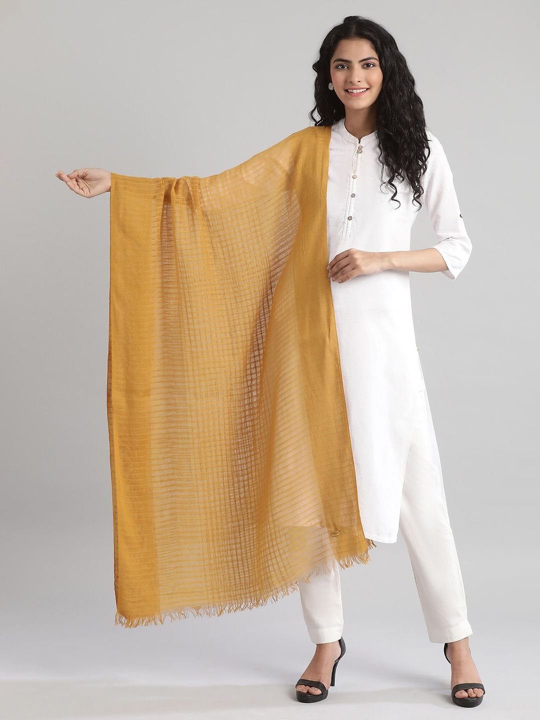 AURELIA Gold-Toned Checked Pure Cotton Dupatta Price in India