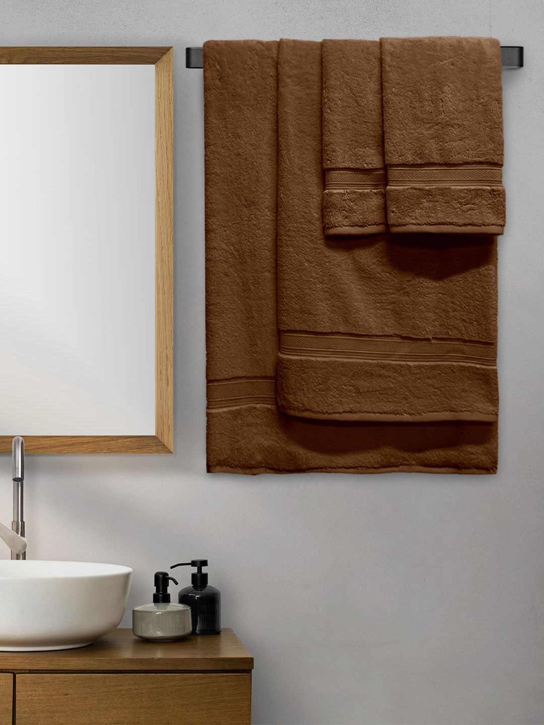 Aura Set Of 4 Coffee Brown Solid 650 GSM Cotton Towel Set Price in India