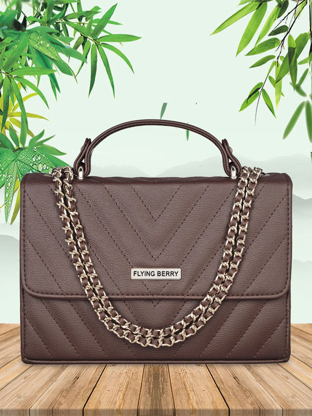 FLYING BERRY Brown Embellished PU Structured Satchel with Quilted Price in India