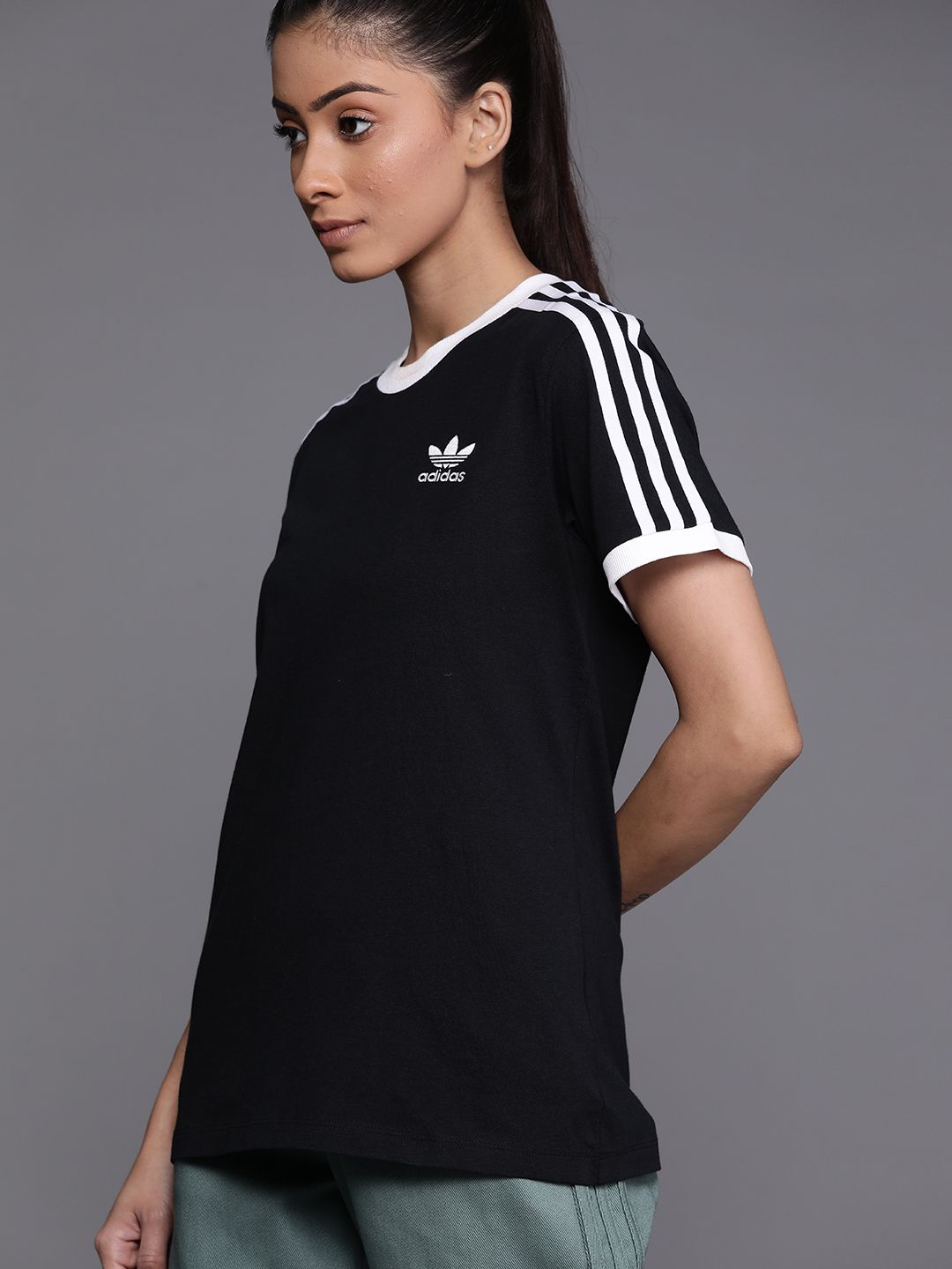 ADIDAS Originals Women Black 3 Stripes Pure Cotton Sustainable T-shirt Price in India