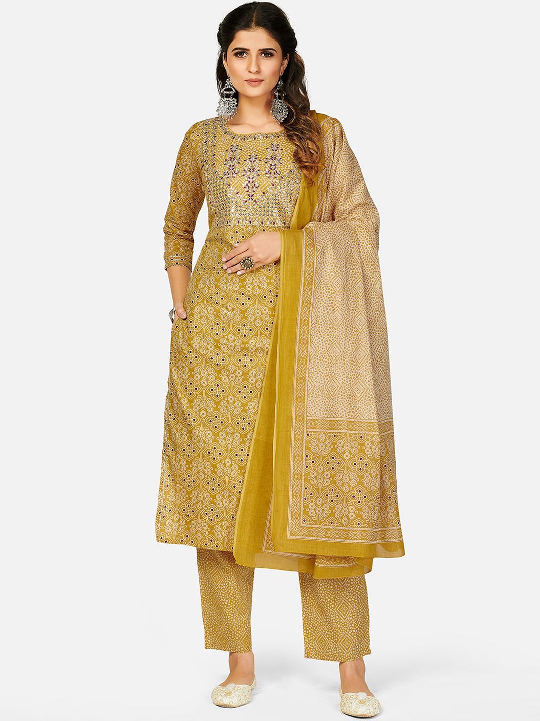 Vbuyz Women Beige Ethnic Motifs Printed Pure Cotton Kurta with Trousers & Dupatta Price in India