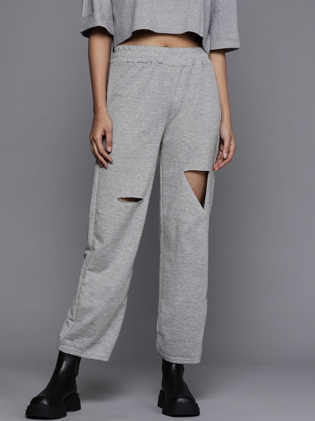 JC Mode Women Grey Melange Solid Slash Knee Cropped Trousers Price in India