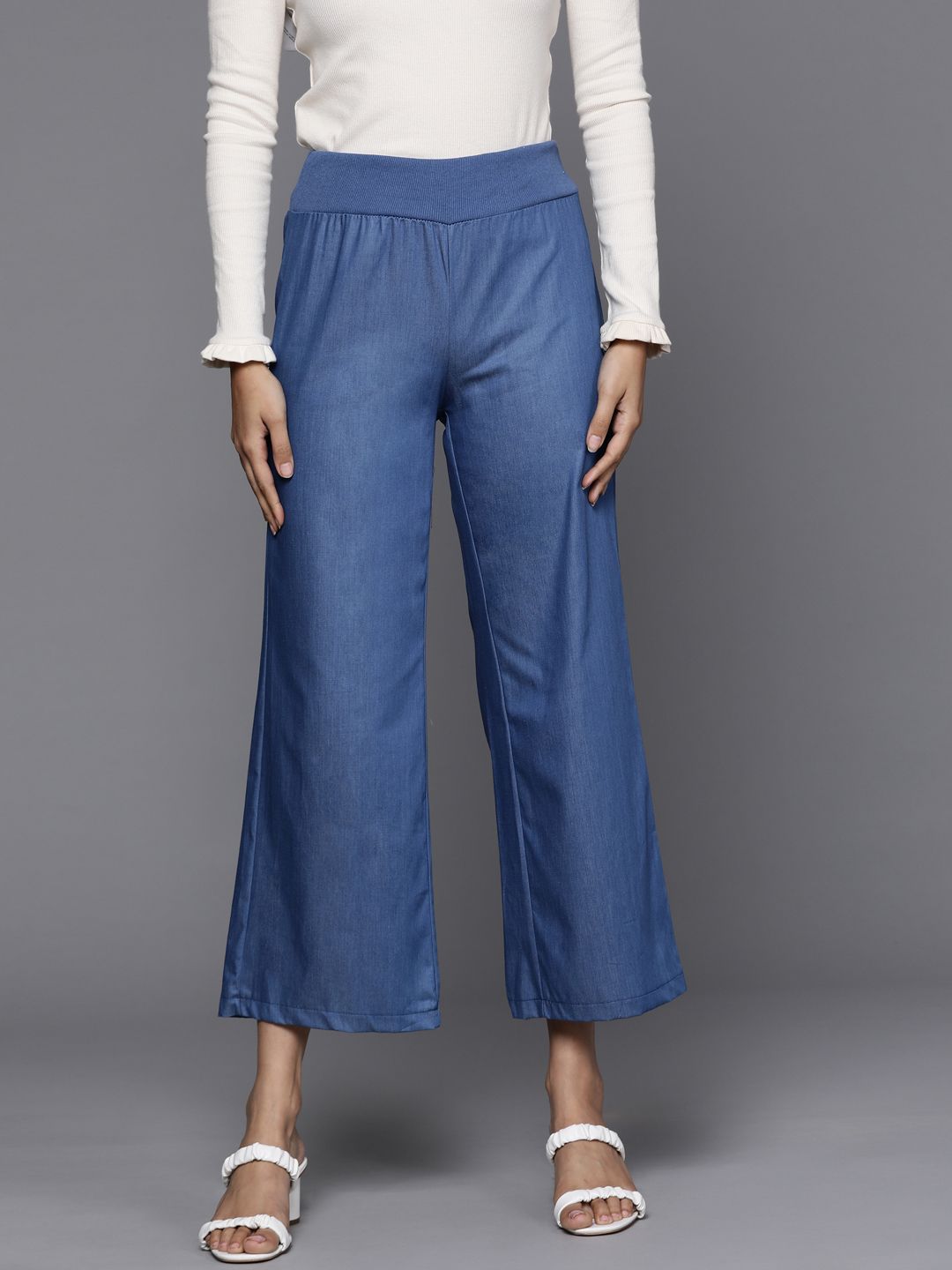 JC Mode Women Blue Solid High-Rise Cropped Trousers Price in India