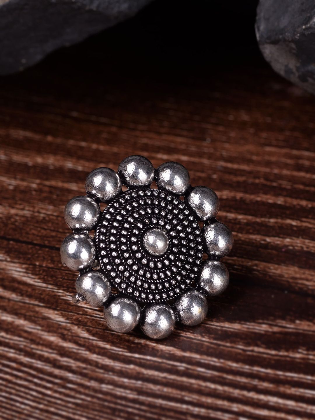 Saraf RS Jewellery Silver Floral Oxidised Circular Adjustable Finger Ring Price in India