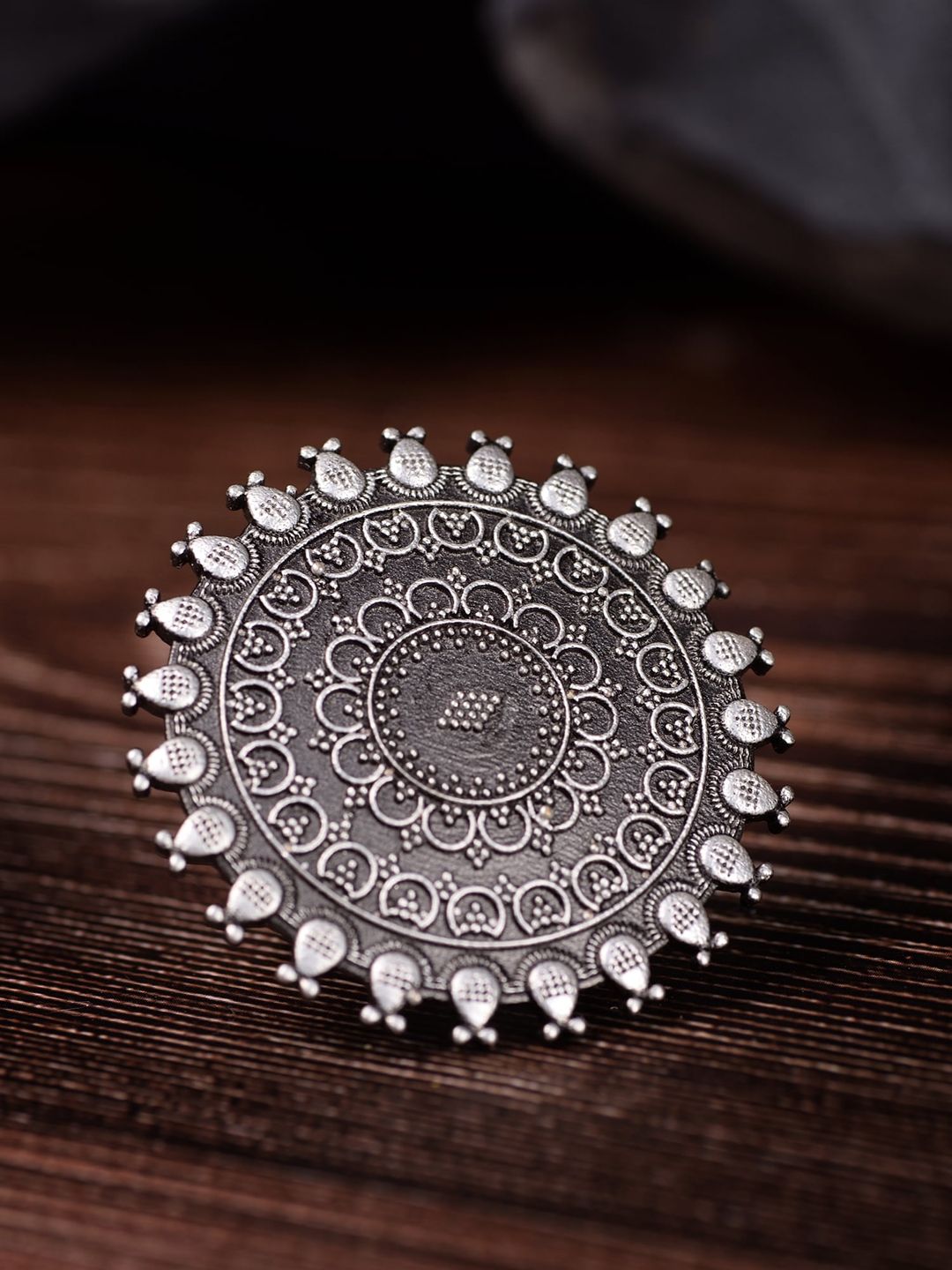 Saraf RS Jewellery Oxidised Silver-Toned Circular Tribal Adjustable Finger Ring Price in India