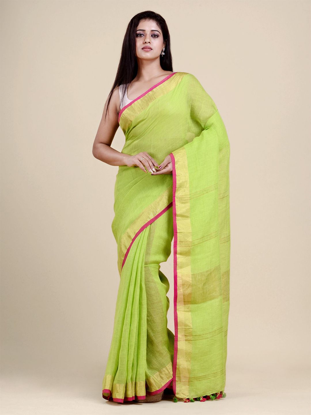 Charukriti Green & Pink Zari Pure Linen Saree