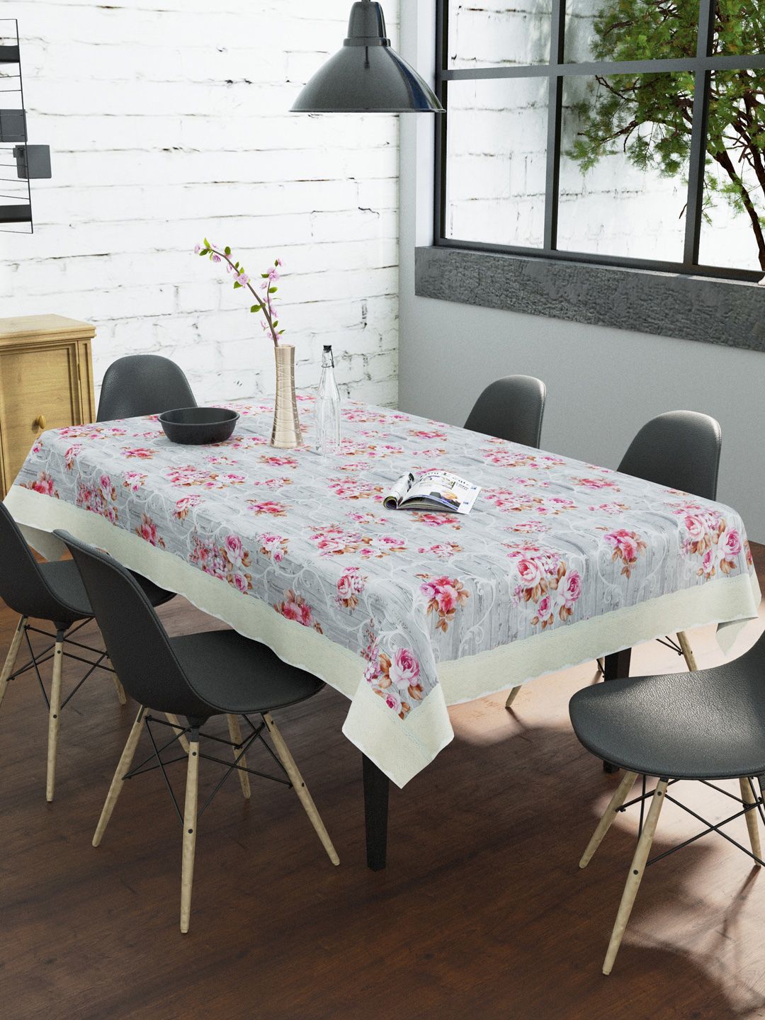 Clasiko Grey & Pink Floral Printed Dining Table Cover Price in India