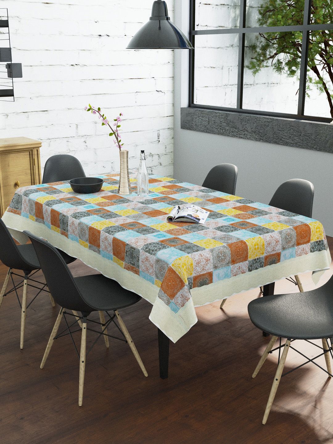 Clasiko Grey, Brown & Yellow Printed 6-Seater Rectangle Table Cover Price in India