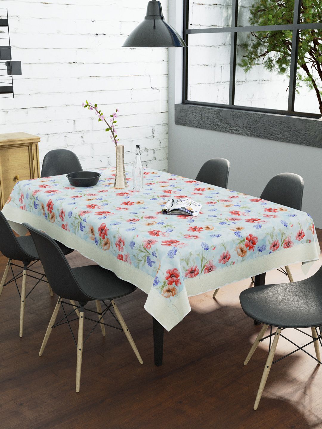 Clasiko Red & Blue Floral Printed 6-Seater Rectangular Table Cover Price in India