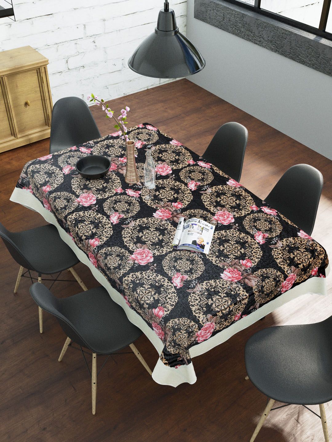 Clasiko Black & Beige Printed 6-Seater Rectangle Table Cover Price in India