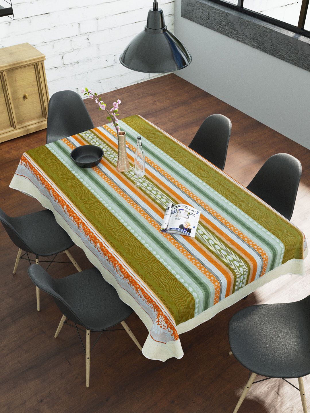 Clasiko Green & Orange Striped Printed 6-Seater Dining Table Cover Price in India