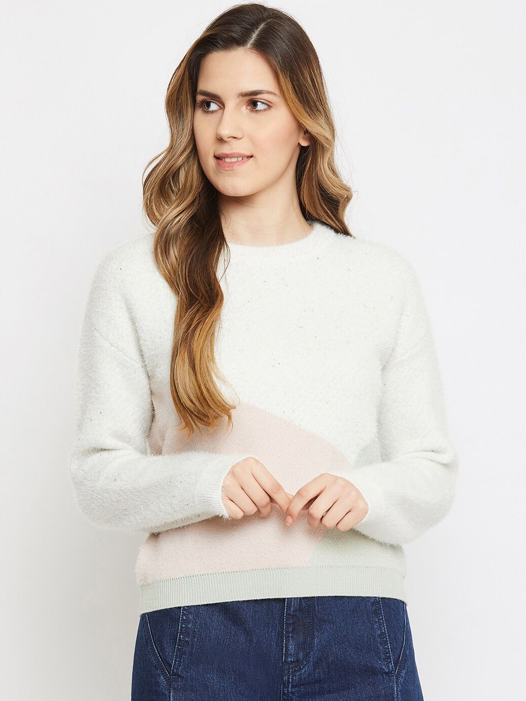 Madame Women Off White & Pink Colourblocked Pullover with Fuzzy Detail Price in India