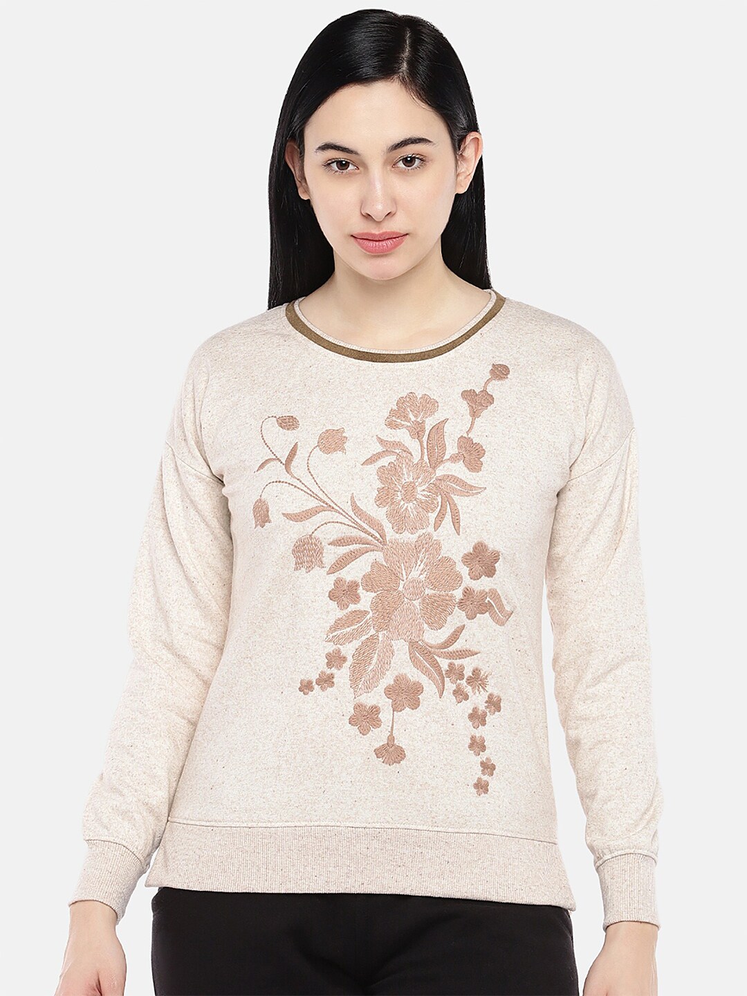 Sweet Dreams Women Beige Embroidered Fleece Sweatshirt Price in India