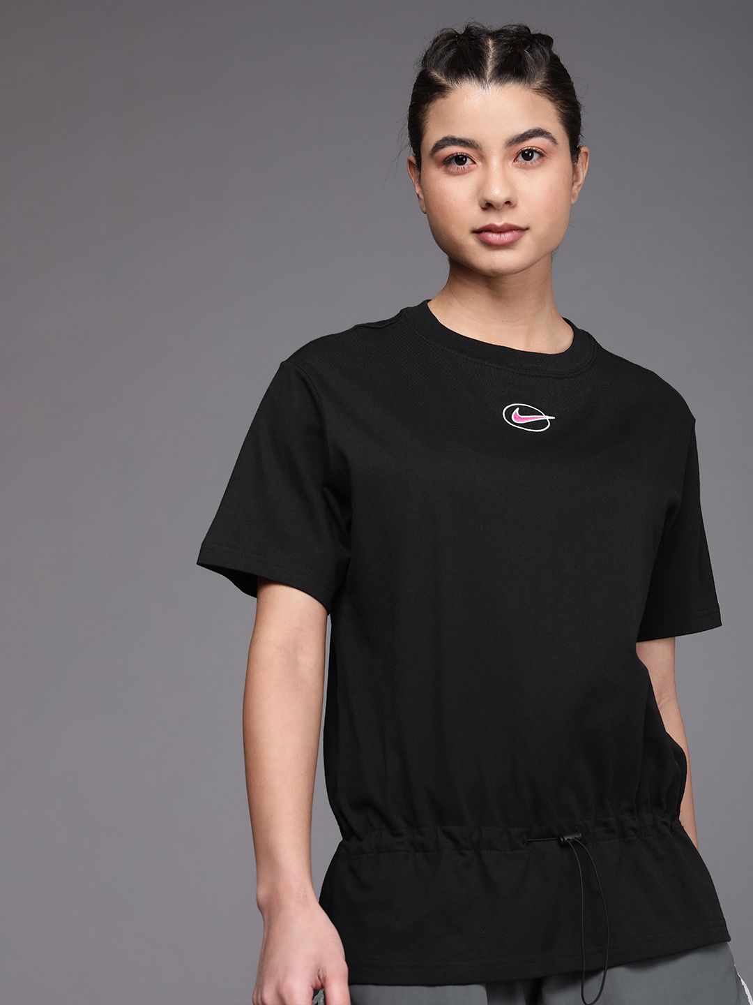 Nike Women Black Embroidered Oversized Fit Drop-Shoulder Sleeves Pure Cotton T-shirt Price in India