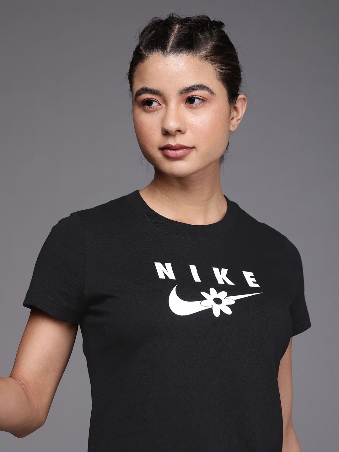 Nike Women Black Brand Logo Printed T-shirt Price in India