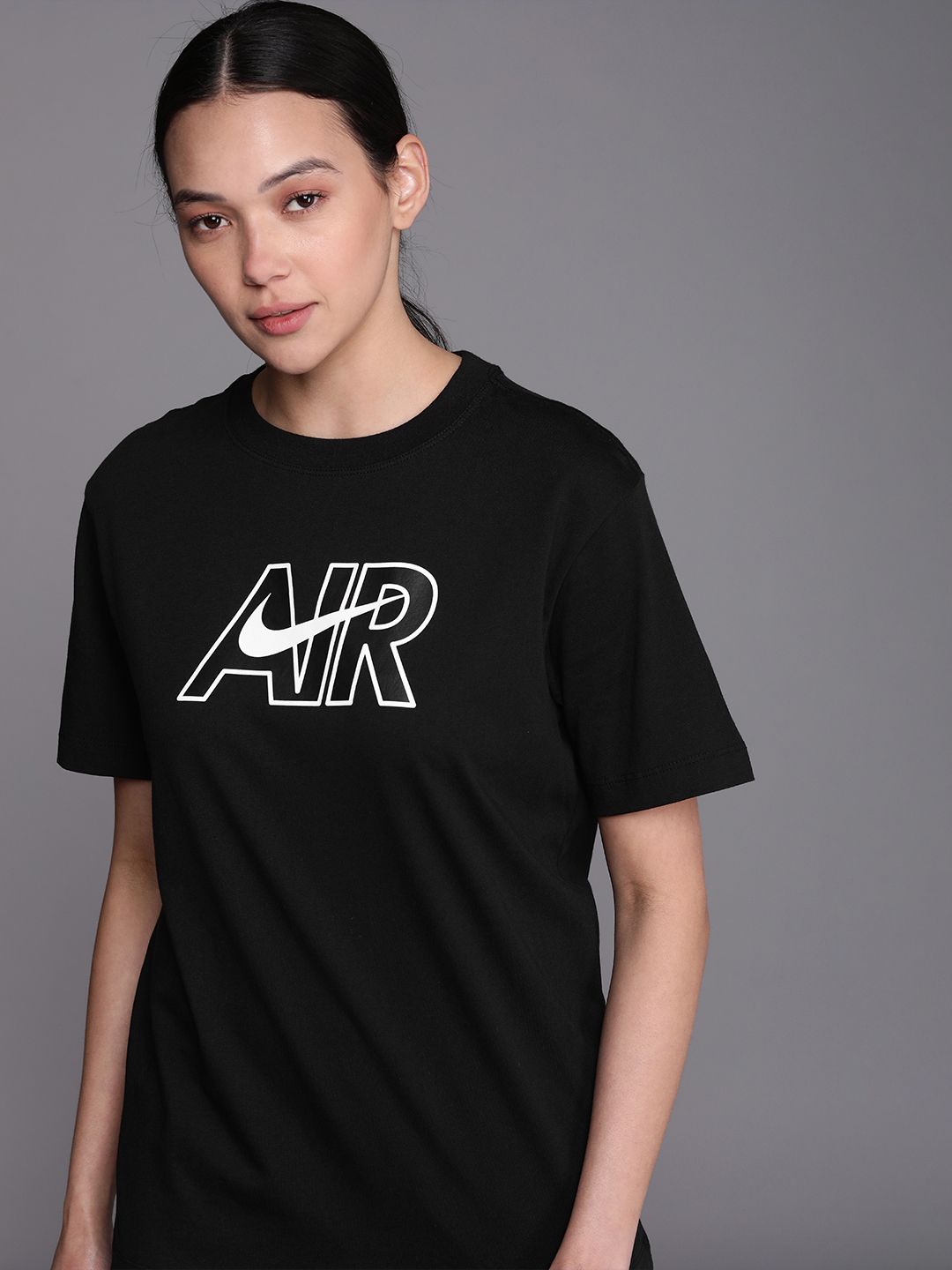 Nike Women Black Typography Printed Drop-Shoulder Sleeves AIR Pure Cotton T-shirt Price in India