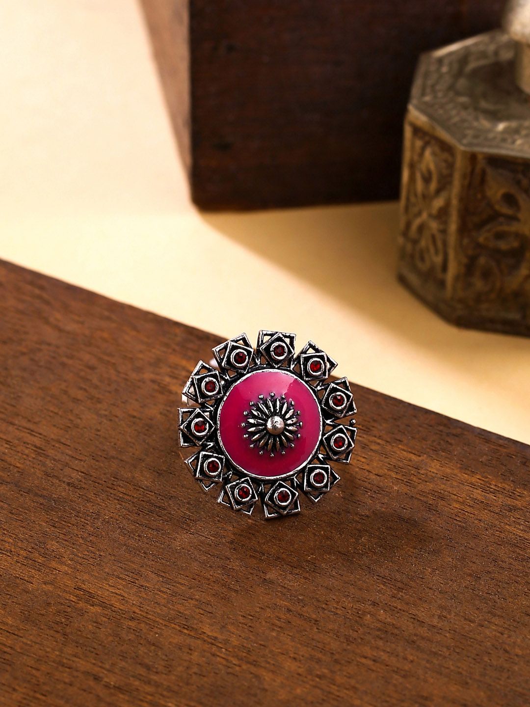 Studio Voylla Pink & Silver-Plated Oxidised Arabian Nights Antique Round Brass Rings Price in India