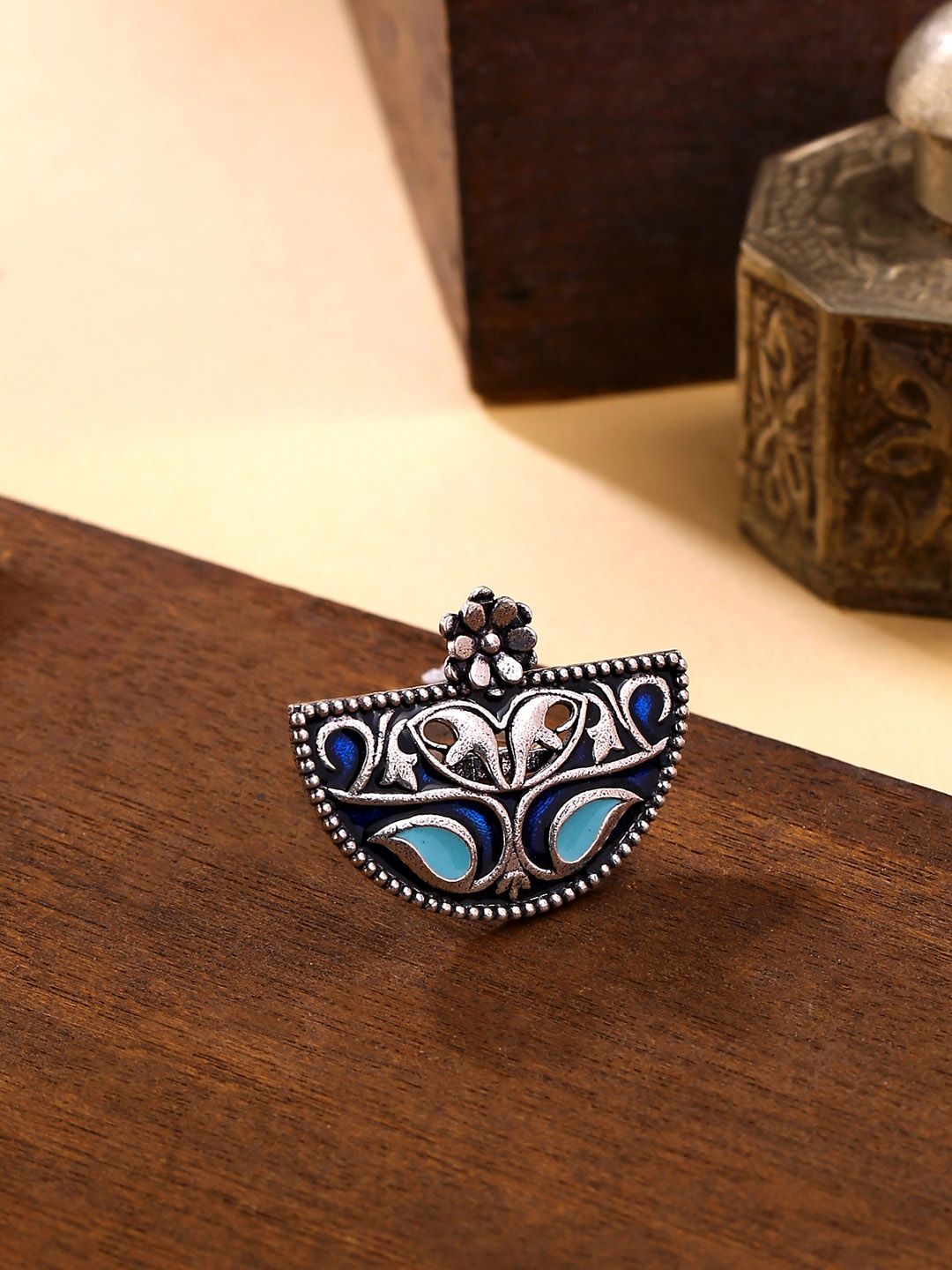 Studio Voylla Blue Silver-Plated Arabian Nights Antique Rings Price in India