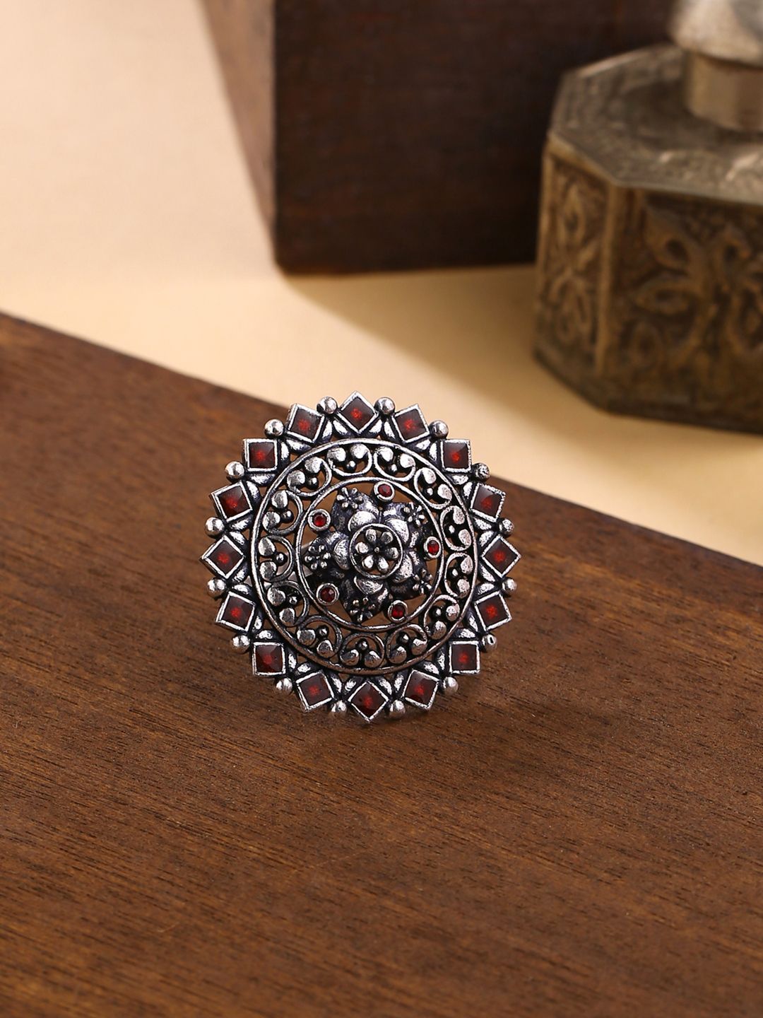 Studio Voylla Red & Silver-Plated Arabian Nights Antique Round Brass Rings Price in India