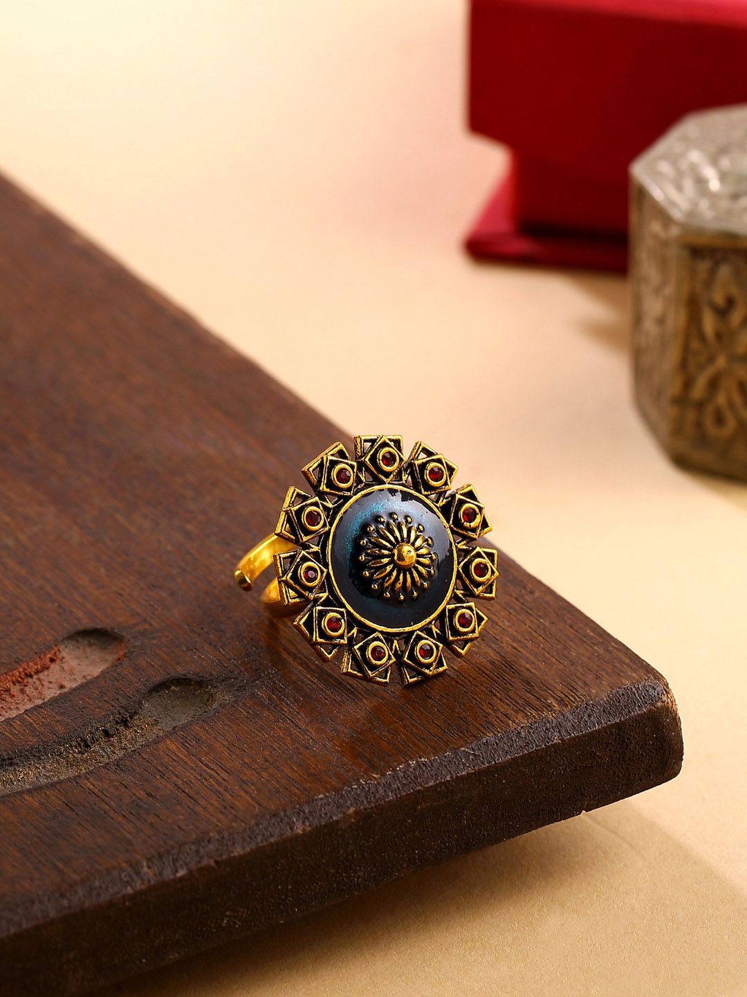 Studio Voylla Gold-Plated Blue & Red Arabian Nights Antique Ring Price in India