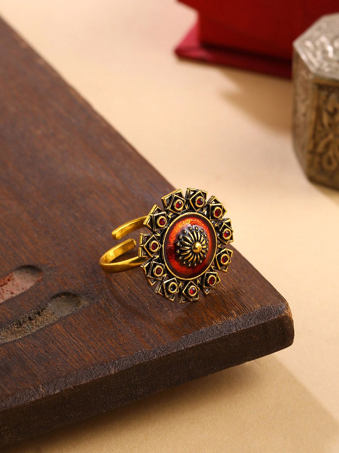 Studio Voylla Red Gold-Plated Arabian Nights Antique Round Rings Price in India