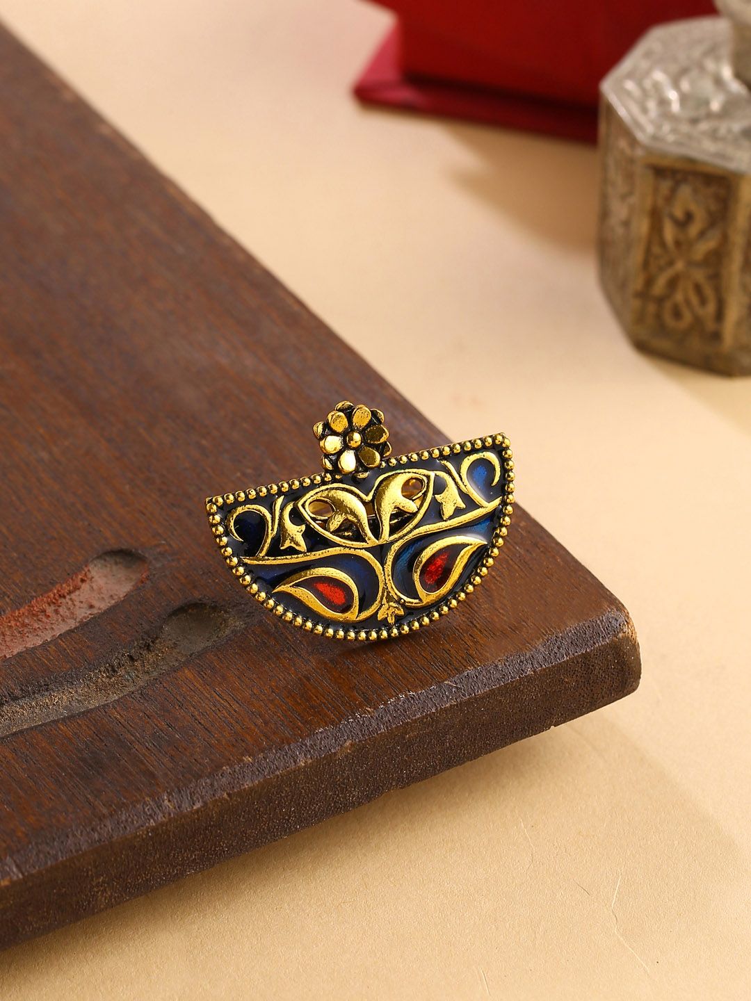 Studio Voylla Black Gold-Plated Enamelled Arabian Nights Half Moon Oxidized Finger Ring Price in India
