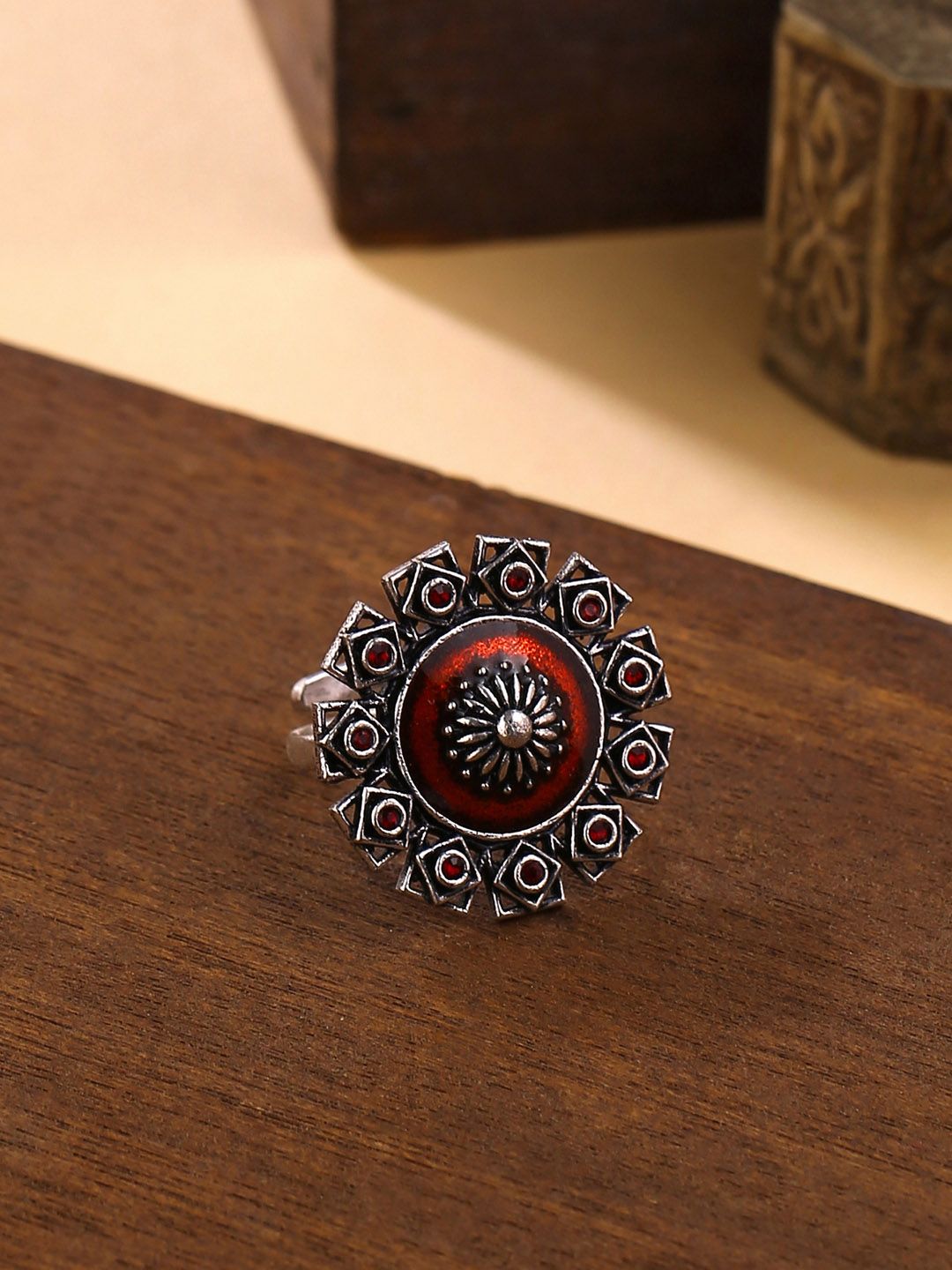 Studio Voylla Silver-Plated Arabian Nights Antique Oxidized Statement Round Brass Rings Price in India