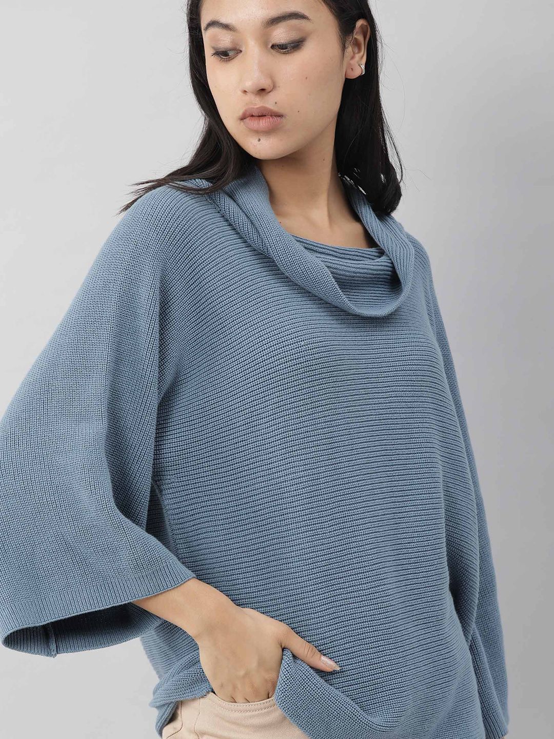 RAREISM Women Blue Ribbed Cotton Pullover Price in India