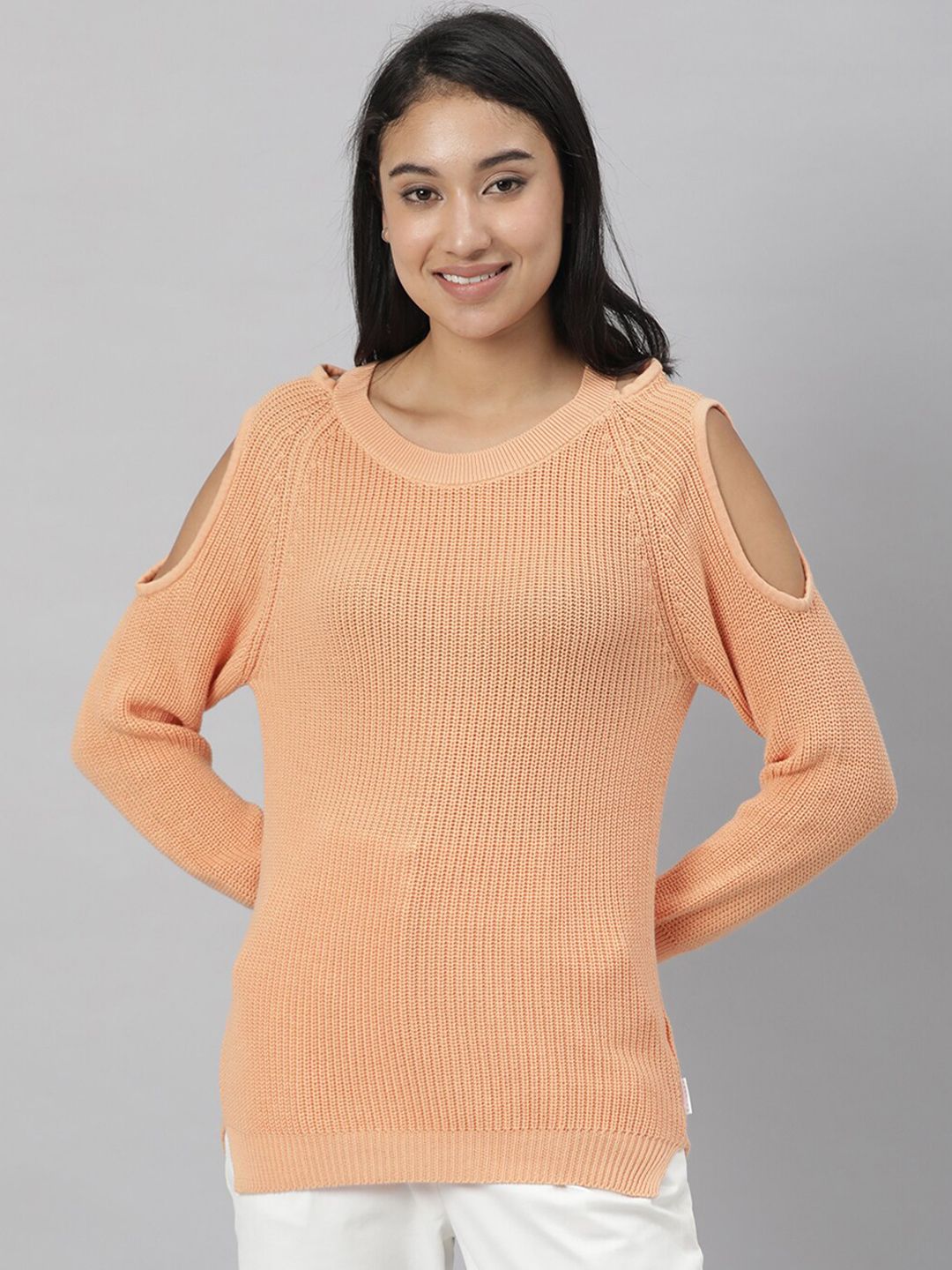 RAREISM Women Orange Cable Knitted Pullover Price in India