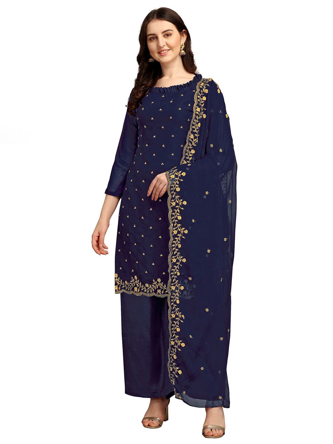 Ethnic Junction Navy Blue & Gold-Toned Embroidered Unstitched Dress Material Price in India