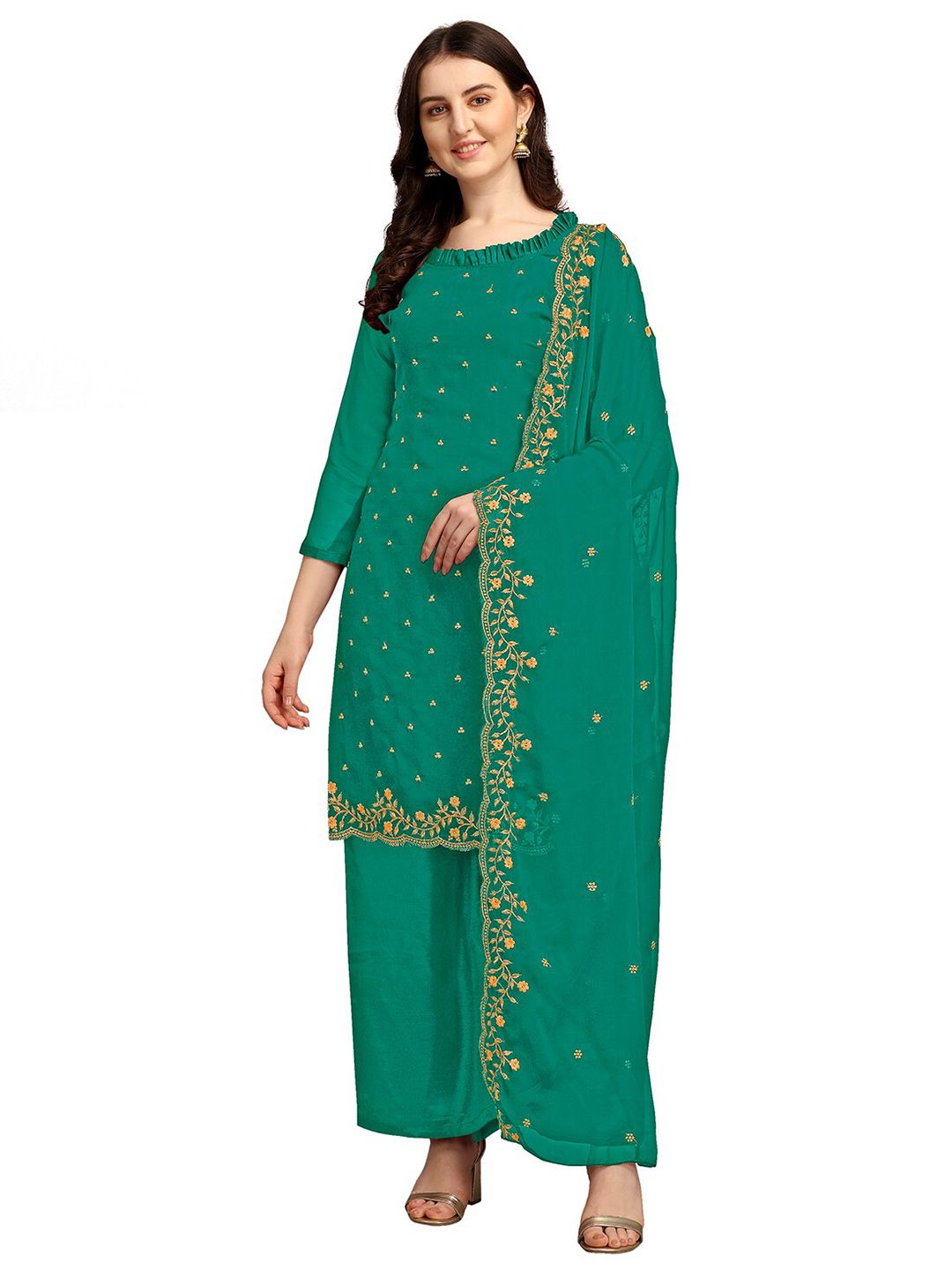 Ethnic Junction Green & Beige Embroidered Unstitched Dress Material Price in India