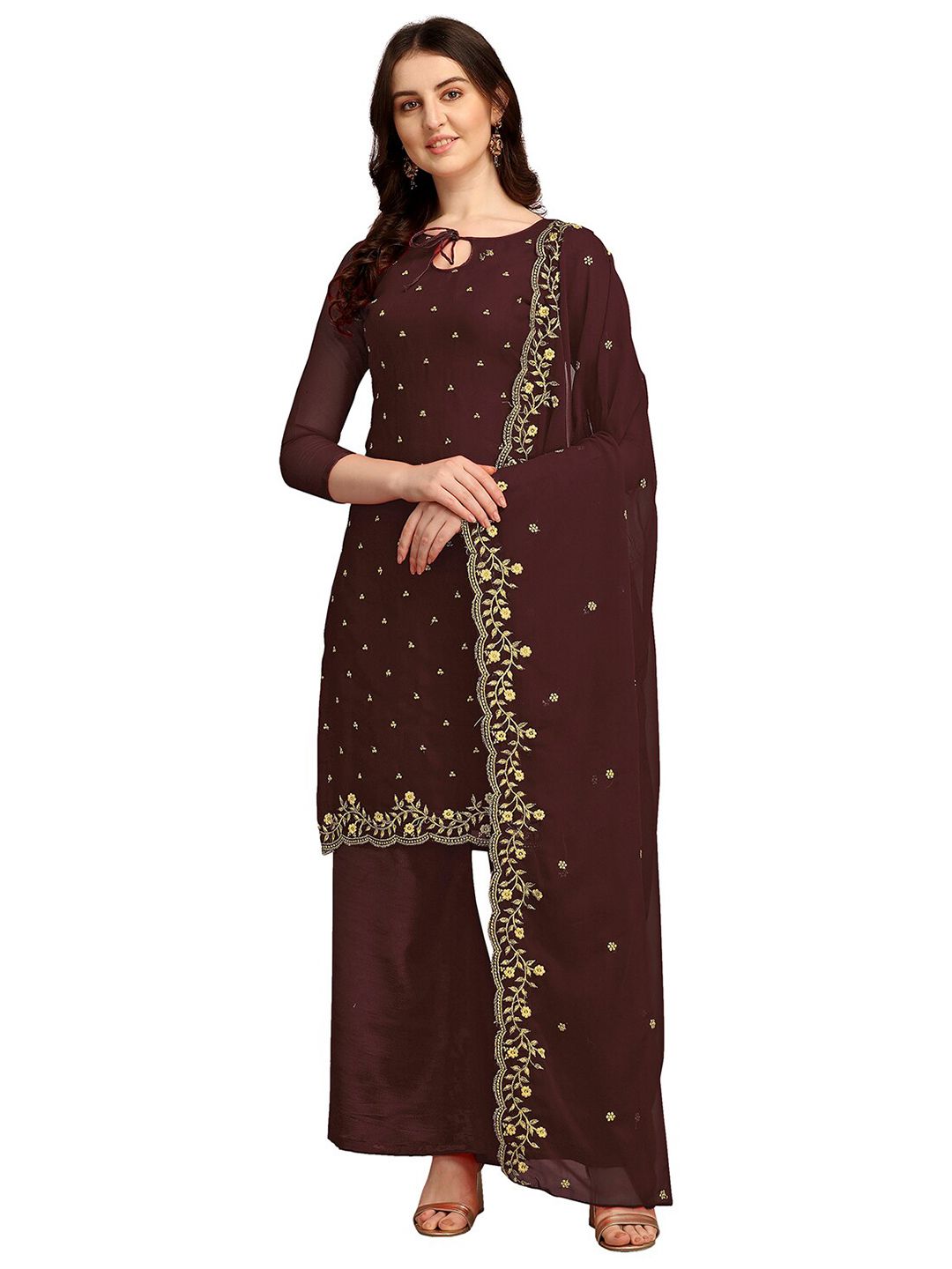 Ethnic Junction Brown & Gold-Toned Embroidered Unstitched Dress Material Price in India