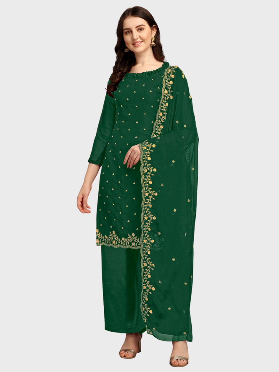 Ethnic Junction Green & Gold-Toned Embroidered Unstitched Dress Material Price in India