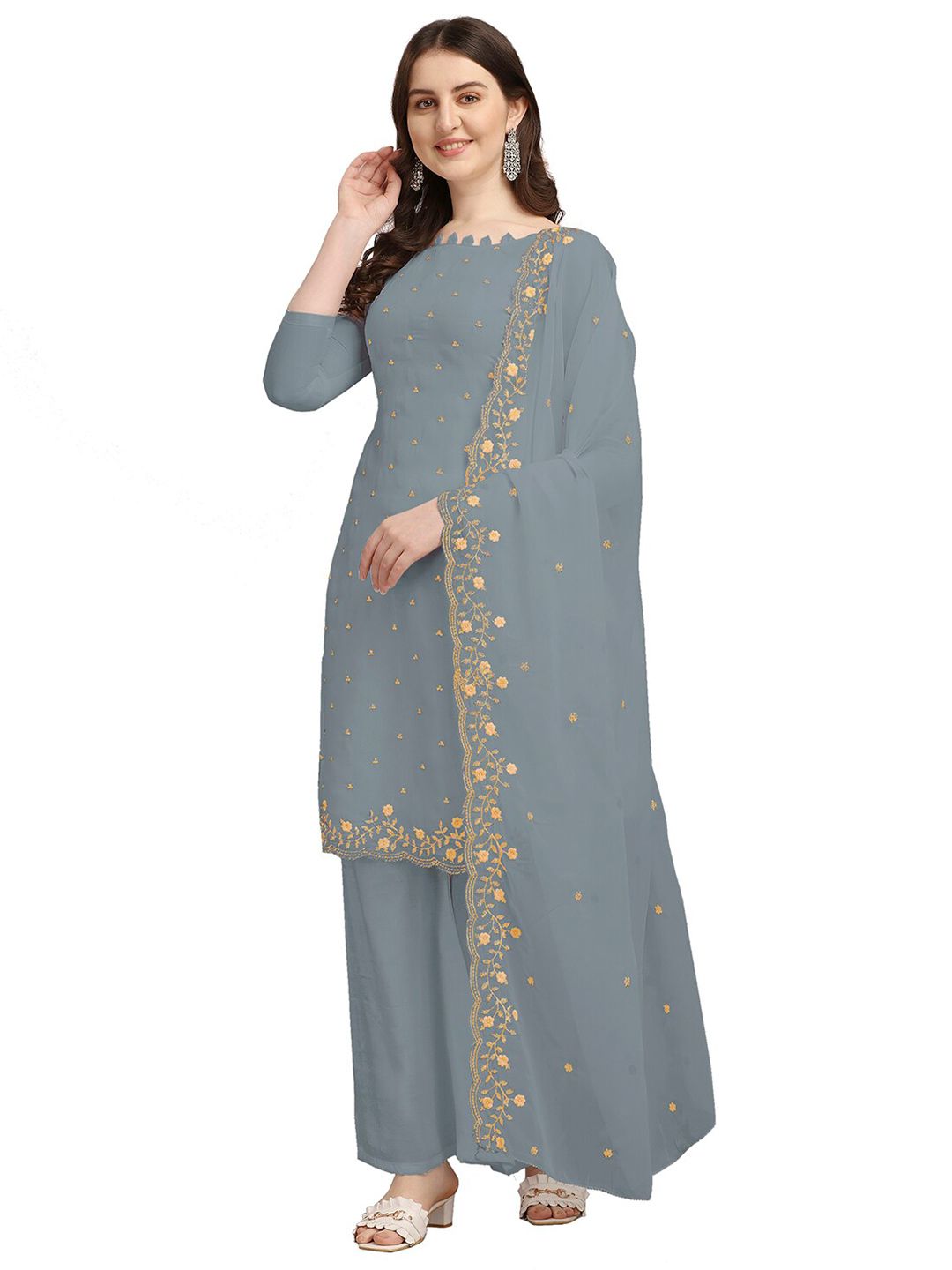 Ethnic Junction Grey & Gold-Toned Embroidered Unstitched Dress Material Price in India